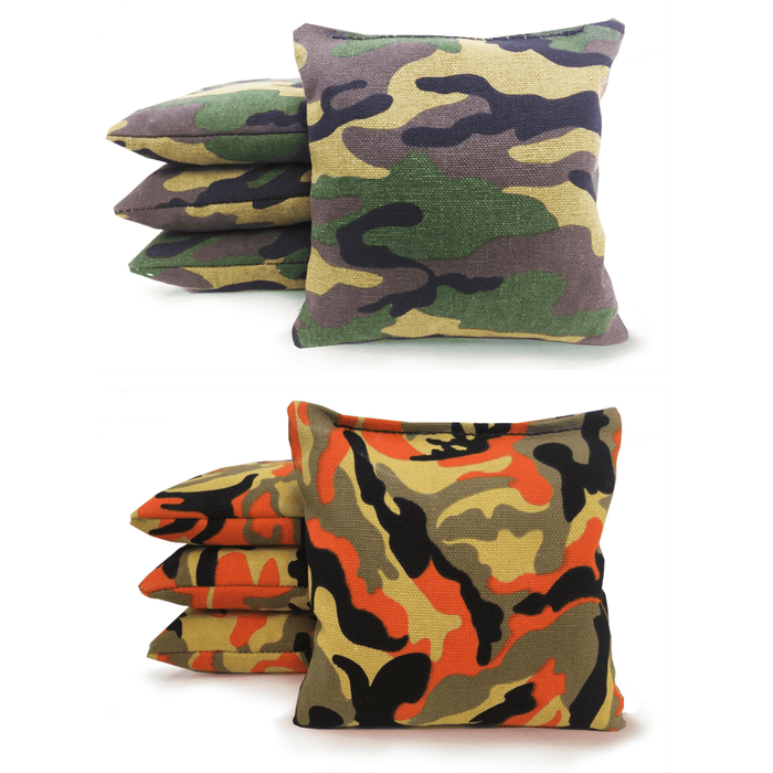 Cornhole Bags Green Camo and Orange Camo Set of 8 Regulation Cornhole Bags - Duck Cloth and All-Weather Resin